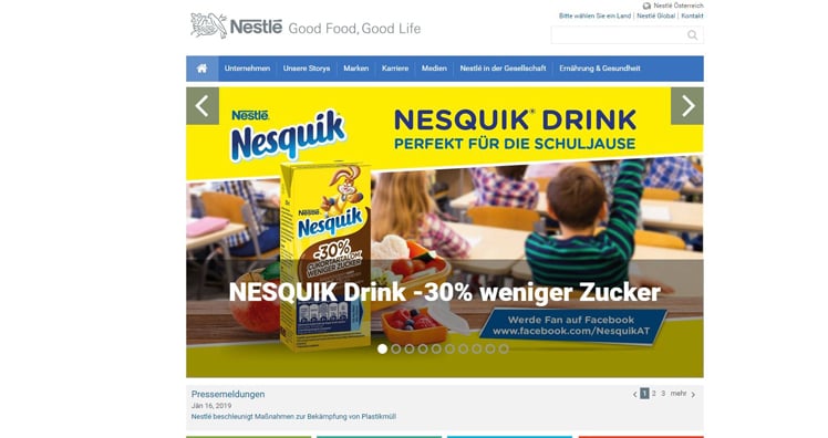 Nestlé zeigt sich unschuldig und wirbt auf seiner Homepage an prominenter Stelle mit einer zuckerreduzierten Variante von Nesquik. © Nestlé