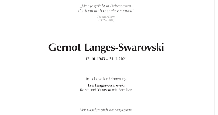 Die Traueranzeige der Familie Swarovski in der Tiroler Tageszeitung © TT Die Traueranzeige der Familie Swarovski in der Tiroler Tageszeitung © TT