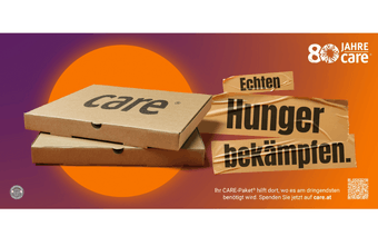 Care Österreich ruft mittels Pizzakartons dazu auf, Hilfe für Familien in Not zu leisten