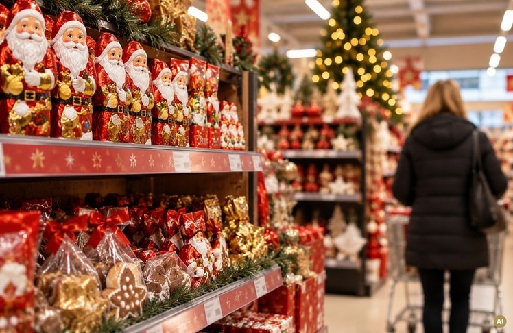Weihnachtssüßigkeiten stehen oft schon ab September im Regal. Die Mehrheit der Konsument:innen wünscht sich einen späteren Verkaufsstart. (Symbolbild) © KI-generiert mit Google Gemini