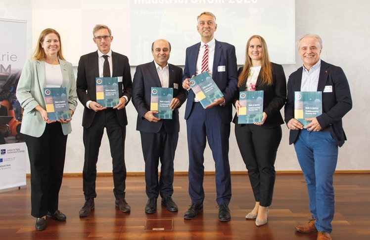 Die "Made in Austria" Projektpartner mit dem Keynote-Speaker am IndustrieForum 2026 (v.l.n.r.): Sabine Hesse (FMTI), Rüdiger Daub (TU München), Fazel Ansari Chaharsoughi (TU Wien), Sebastian Schlund (TU Wien / Fraunhofer Austria), Theresa Neuhauser (EIT Manufacturing East) und Walter Mayrhofer (FHWien der WKW)