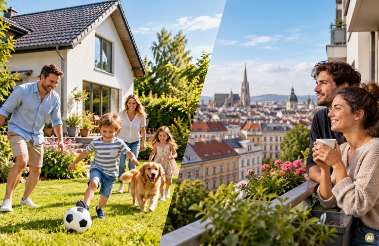 Ob Einfamilienhaus mit Garten oder Mietwohnung in der Stadt, die Wohnverhältnisse in Österreich unterscheiden sich je nach Region deutlich. (Symbolbild) © KI-generiert mit ChatGPT von OpenAI