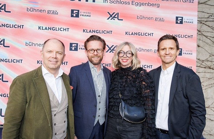 Eröffnung Klanglicht 2026 (v.l.n.r.): Bernhard Rinner (GF Bühnen Graz), Paul Schuster (Abteilungsleiter Schloss Eggenberg), Birgit Lill-Schnabl (kuratorische Leitung) und Marko Mele (GF Universalmuseum Joanneum) © Thomas Luef