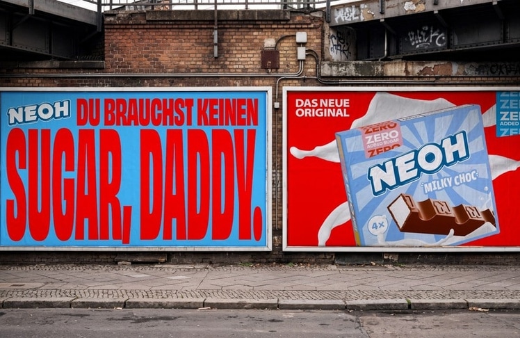 Die Plakat-Mock-ups kombinieren den Spruch "Du brauchst keinen Sugar, Daddy" mit einem Produktmotiv des Neoh-Riegels "Milky Choc".