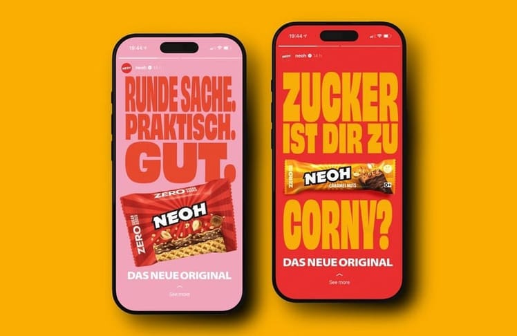 Die Social-Media-Mock-ups greifen mit Wortspielen und Produktmotiven die neue Markenpositionierung von Neoh auf.