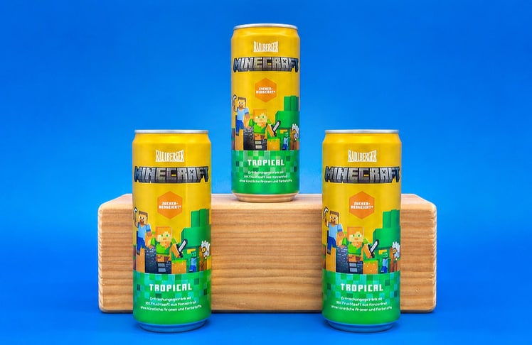 Radlberger Minecraft Tropical setzt geschmacklich auf Mango und Orange und kommt in der 0,33-Liter-Dose in den Handel.
