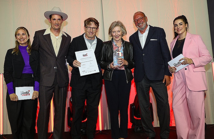 V.l.n.r.: Anna Thalhammer (profil), Karl Büche (Angels United), Klaus und Brigitte Mühlbauer (Hutmanufaktur Mühlbauer), Franz X. Brunner (Bespoke) und Christiani Wetter (Moderatorin).