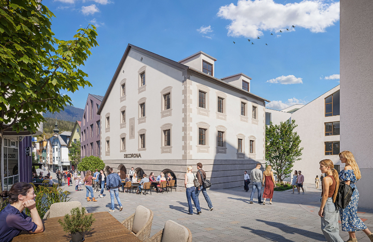 Das historische Decorona-Haus, dessen Ursprünge bis ins 16. Jahrhundert reichen, bleibt als identitätsstiftender Mittelpunkt erhalten © Rendering/Strobl Group