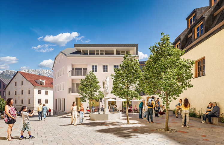 Das baulich aufgewertete Lung-Haus und der neu gestaltete Lainplatz bilden künftig das prägnante Entrée in die Kramergasse © Rendering/Strobl Group