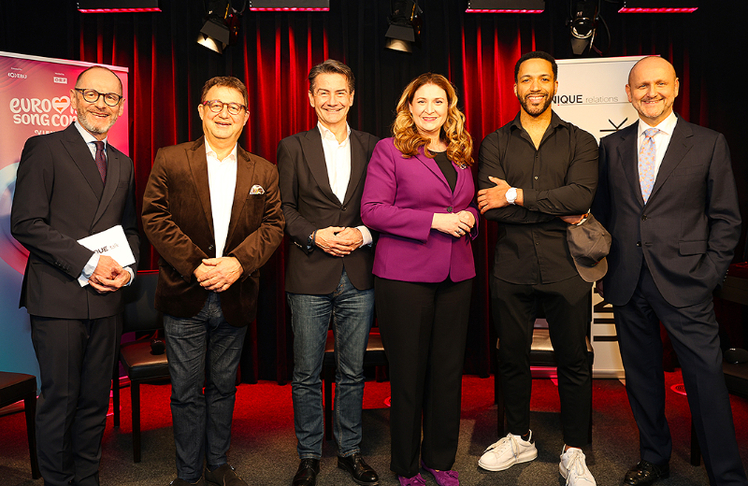 V.l.n.r.: Moderator Gerald Groß, Josef Kalina (Eigentümer & Managing Director Unique Relations), Roland Weißmann (Generaldirektor ORF), Barbara Novak (Stadträtin für Finanzen, Wirtschaft, Arbeit, Internationales und Digitales), Cesár Sampson (Österreichischer Sänger und drittplatzierter beim ESC 2018) und Norbert Kettner (Geschäftsführer WienTourismus).