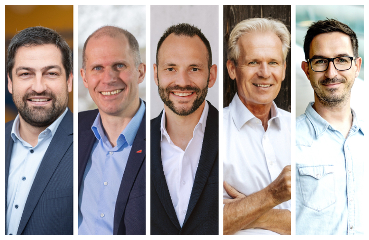 Fünf Manager aus der Bierbranche. Von links: Simon Steyrl, Brau Union-Geschäftsführer für den Bereich Lebensmittelhandel, Stiegl-Geschäftsführer Harald Bauer, Trumer-Verkaufsleiter Markus Sünderhauf, Zwettler-Eigentümer Karl Schwarz und Andreas Linder, Marketingleiter der Mohrenbrauerei.