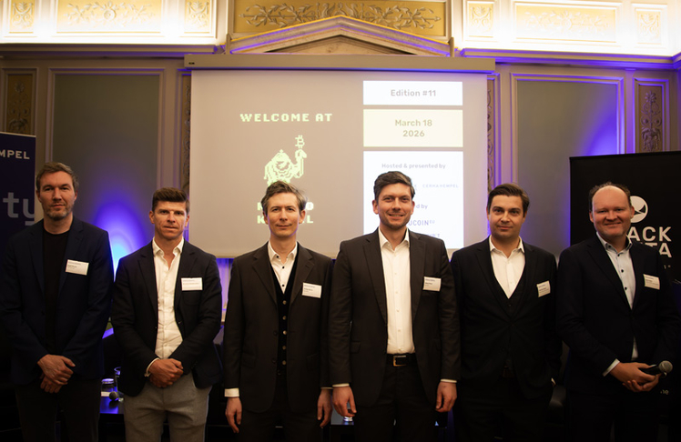 V.l.n.r.: Erald Ghoos (CEO OKX Europe), Christian Niedermüller (MD & COO KuCoin EU), Philipp Borhn (MD Bitpanda), Georg Harer (Co-CEO ByBit Europe), Alexander Rapatz (CEO Black Manta Capital Partners) und Oliver Völkel (Partner Cerha Hempel)