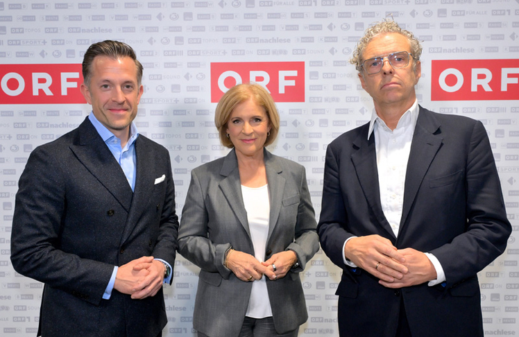 V.l.n.r.: Der stellvertretende Vorsitzende des ORF-Stiftungsrates Gregor Schütze, Interims-Generaldirektorin Ingrid Thurnher und Stiftungsratsvorsitzende Heinz Lederer.