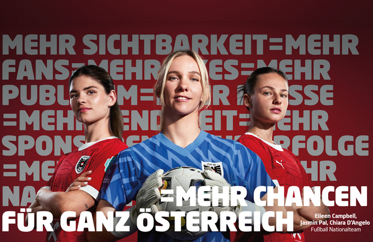 V.l.n.r.: Fußballerin Eileen Campbell, Fußball-Torhüterin Jasmin Pal und Fußballerin Chiara D'Angelo - Für mehr Sichtbarkeit im Frauensport © win2day