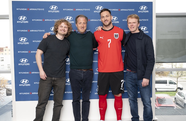 V.l.n.r.: Paulus Bohl, Leonhard Pranter, Marko Arnautović und Maximilian Höllerl © Hyundai/Wirz/Bohl Entertainment