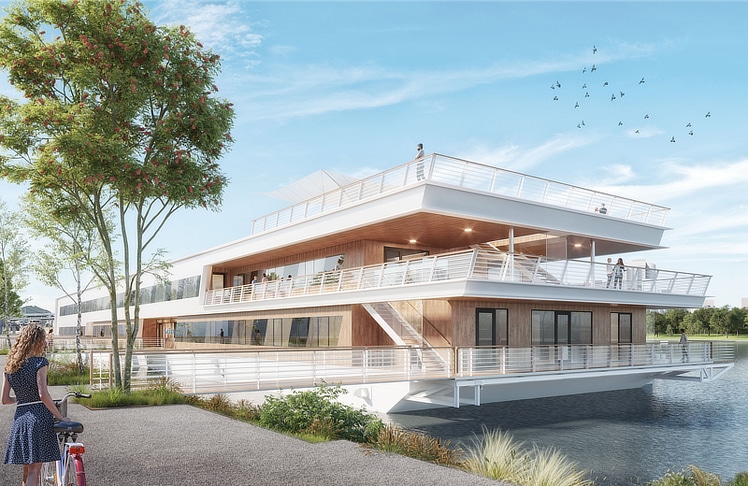 Das Gebäude entsteht auf einem rund 103 Meter langen und 21 Meter breiten speziell gefertigten Ponton aus Schiffbaustahl (Visualisierung) © viadonau/pittiono & ortner architekturbüro ZT GmbH 