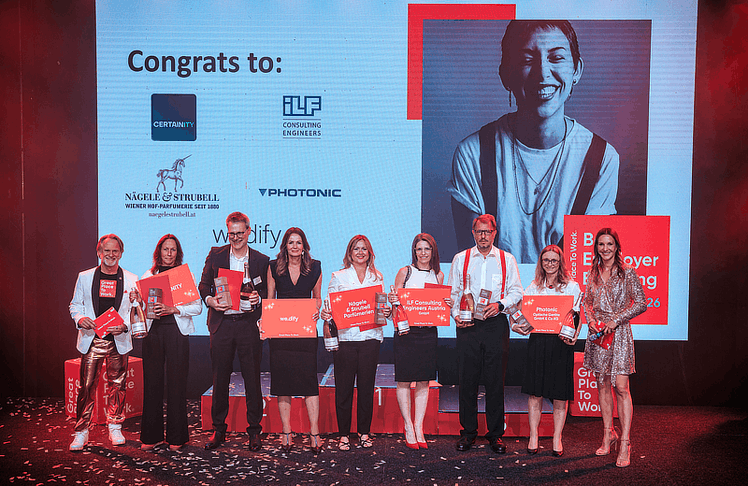 Zusätzlich zu den Hauptkategorien wurden auch heuer wieder fünf Awards für das beste Employer-Branding vergeben. Diese gingen an Certainity
ILF Consulting Engineers Austria GmbH, Nägele & Strubell Parfümerien, Photonic Optische Geräte GmbH & Co KG und we.dify. © LEADERSNET/ A. Felten