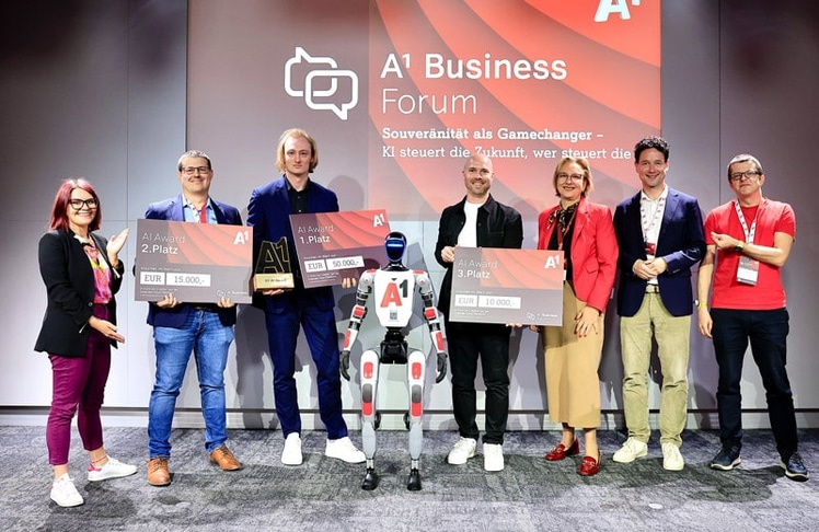 A1 AI Award 2026 (v.l.n.r): Carina Zehetmaier, CEO von Paiper:one, Stefan Weigelhofer, CEO Swuppi FlexCo, Oliver Hepp, CEO Layonardo, Manuel Ruckerbauer, CEO DELEP, Romana Aumer, Director Customer 360° bei A1, Dejan Jovicevic, CEO brutkasten, und Clemens Wasner, Vorstand AI Austria 