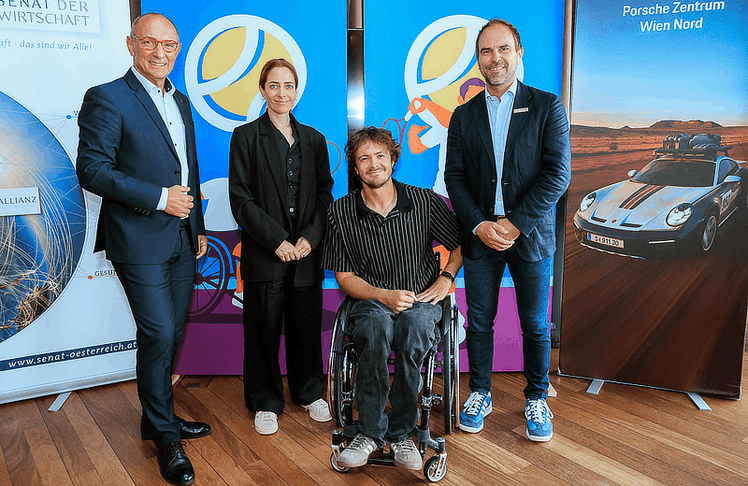 V.l.n.r.: Thomas Zanyath (Projekt-Initiator "Manager:innen machen Musik"), Lisa Zuckerstätter (Leiterin Humanitarian Broadcasting ORF), Nico Langmann (Nico Langmann Foundation) und Gernot Uhlir (Geschäftsführer Österreichische Sporthilfe)