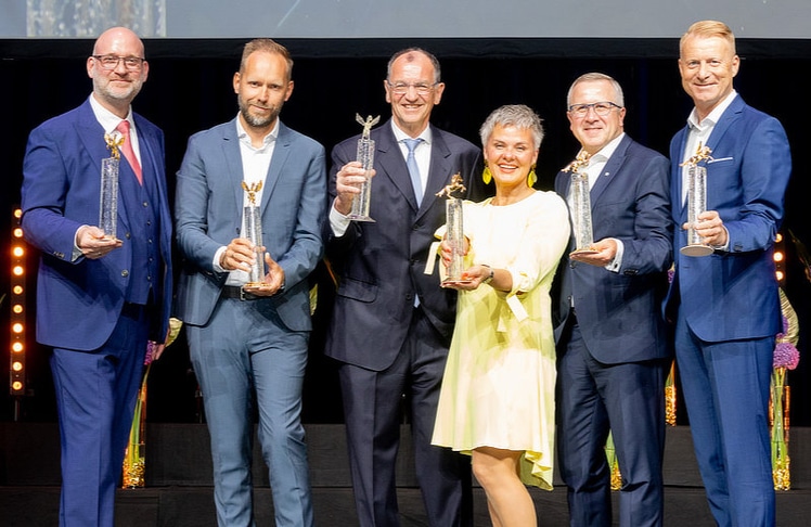 Die Sieger:innen (v.l.n.r.): Hans Lang (Reploid), Andreas Beck (Zaunergroup), Erich Wiesner (Lebenswerk, Wiehag), Karin Kirchschlager (VMG, Frauenpreis), Robert Machtlinger (FACC) und Roland Huemer (Richter Pharma).