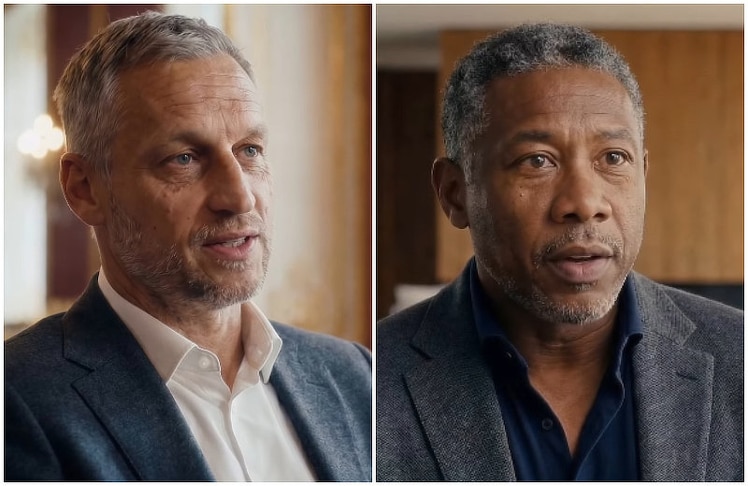In dem KI-generierten Clip blicken die gealterten ÖFB-Stars Marko Arnautović (l.) und David Alaba in 30 Jahren auf das Fußballmärchen 2026 zurück. 