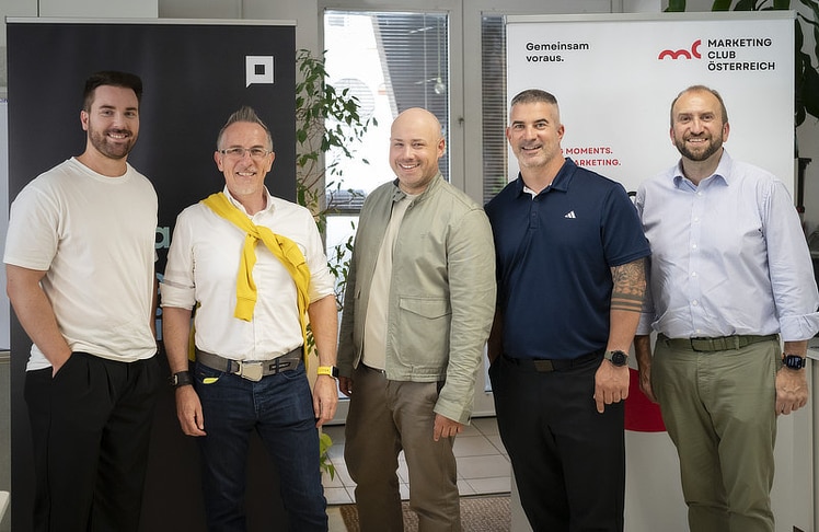 V.l.n.r.: Benjamin Zehrfeldt (pixelart), Andreas Schmölzer (pilotFilm), Markus Schlögl (pixelart), Andreas Winter (MCÖ) und Andreas Ladich (MCÖ-Präsident).