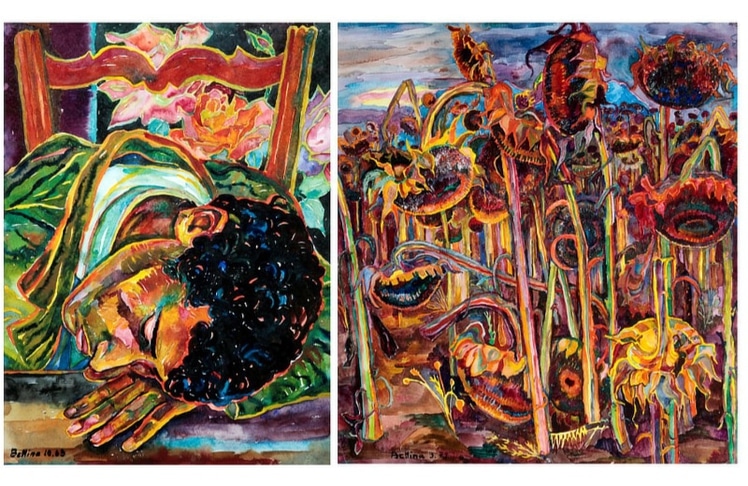 Links zu sehen: Bettina Heinen-Ayech "Schlafender Bäckerlehrling in Algerien" 1963, Aquarell auf Papier, 48 x 36 cm, Bettina Heinen-Ayech Foundation, München-DE
Dieses Gemälde gehörte zu den sehr selten gezeigten Bilder der Künstlerin Bettina Heinen-Ayech (Seit der Entstehung, wird es in Innsbruck zum dritten Mal öffentlich gezeigt).

Rechts zu sehen: Bettina Heinen-Ayech "Sonnenblumenfeld in Algerien" 1971, Aquarell auf Papier, 72,5 x 73,5 cm, Bettina Heinen-Ayech Foundation, München-DE
Dieses Gemälde gehörte zu den selten gezeigten Bilder der Künstlerin Bettina Heinen-Ayech
