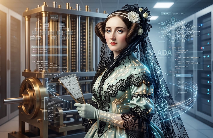 Jürgen Bogners KI "Ada" ist nach Ada Lovelace benannt, einer britischen Mathematikerin des 19. Jahrhunderts, die als erste Programmiererin der Geschichte gilt. © Gemini / Basisbild: https://de.wikipedia.org/wiki/Ada_Lovelace#/media/Datei:Ada_Lovelace_1838.jpg