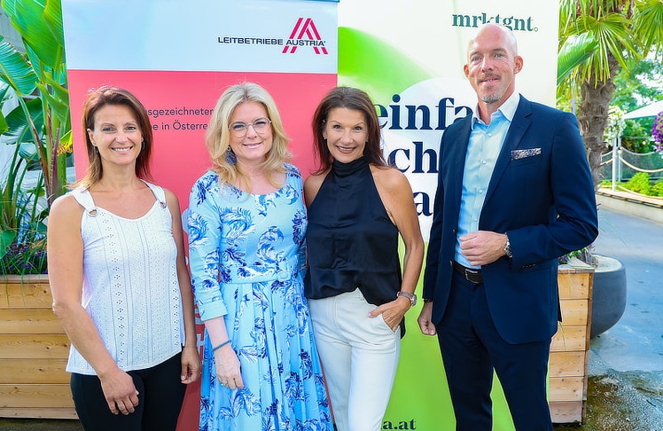 V.l.n.r.: Ingrid Fischer (Studienleiterin Marketagent), Monica Rintersbacher (Geschäftsführerin Leitbetriebe Austria), Manuela Lindlbauer (UNIT-Leiterin für Arbeit & Beschäftigung bei Leitbetriebe Austria, Geschäftsführerin Lindlpower Personalmanagement) und David Machanek (Geschäftsführer Pilz). 