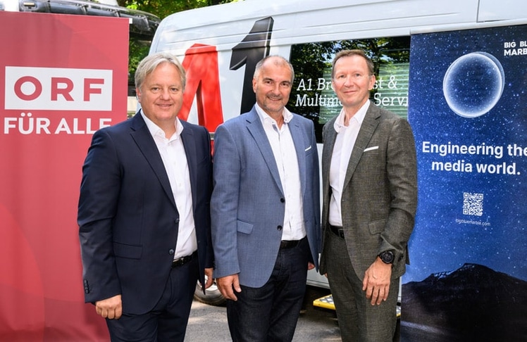 V.l.n.r.: Harald Kräuter, Direktor für Technik und Digitalisierung beim ORF, Peter Uher, Director A1 Public Sector, und Norbert Grill, CTO bei Big Blue Marble