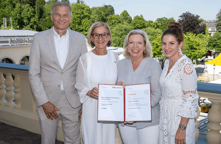 V.l.n.r.: Harald Brandstätter (Direktor Casino Baden), Niederösterreichs Landeshauptfrau Johanna Mikl-Leitner, Mitglied des  Event Operations Team des CCB Ursula Winter und Badens Bürgermeisterin Carmen Jeitler-Cincelli
