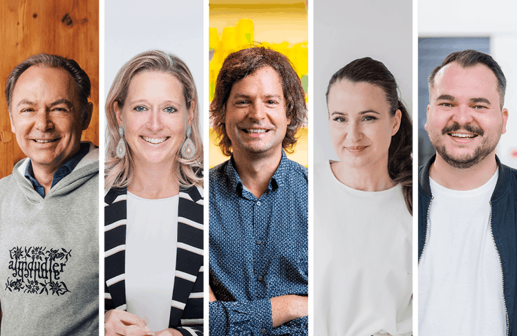 V.l.n.r.: Gerhard Schilling (Almdudler),  Irina Sonnleitner (Eckes-Granini), Daniel Wüstner (Rauch), Yvonne Haider-Lenz (Vöslauer) und Pierre Jantzer (Waldquelle).