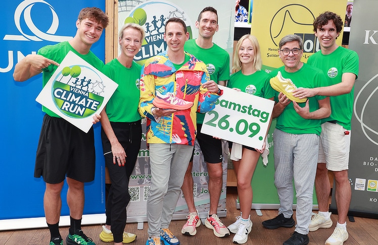 Die Climate Run Botschafter (v.l.n.r) Jonas Bosco, Martina Gleissenebner-Teskey, Gründer und Vernstalter Stephan Neuberger, Andi Vojta, Valerie Huber, Andreas Jäger und Felix Krainer © LEADERSNET/P. Hautzinger