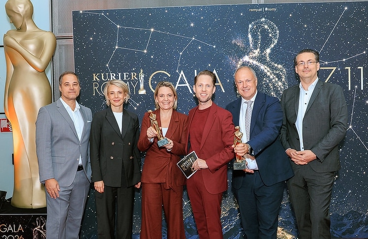 V.l.n.r.: Filmfestivaldirektor Markus Mörth, die Geschäftsführerin von Kitzbühel Tourismus Viktoria Veider-Walser, ORF-Programmdirektorin Stefanie Groiss-Horowitz, Schauspieler Markus Freistätter, Kurier-Geschäftsführer Richard Grasl und Kurier-Ressortleiter für Kultur und Medien sowie Vorsitzender der Romy-Jury Georg Leyrer