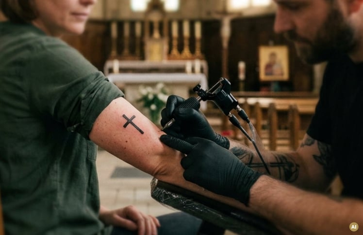 Bei "Religious Ink" in der Dornbirner Stadtpfarrkirche St. Martin konnten sich Besucher:innen religiös inspirierte Motive direkt in der Kirche stechen lassen. (Symbolbild)