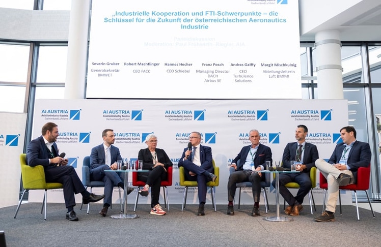 V.l.n.r.: Paul Frühwirth-Riegler, stv. Geschäftsführer AIA, Severin Gruber, Generalsekretär BMWET, Margit Mischkulnig, Abteilungsleiterin Luft- und Weltraumforschung BMIMI, Robert Machtlinger, CEO FACC, Hannes Hecher, CEO Schiebel, Franz Posch, Managing Director DACH Airbus SE und Andras Galffy, CEO Turbulence Solutions 