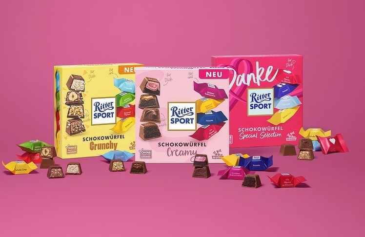 Ritter Sport ordnet seine Schokowürfel in drei neue Boxen für unterschiedliche Vorlieben.
