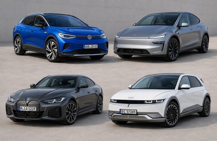 Im Uhrzeigersinn: VW ID.4, Tesla Model Y, BMW i4 und Hyundai Ioniq 5 zählen zu den 20 untersuchten Modellen © Volkswagen/Tesla/BMW/Hyundai